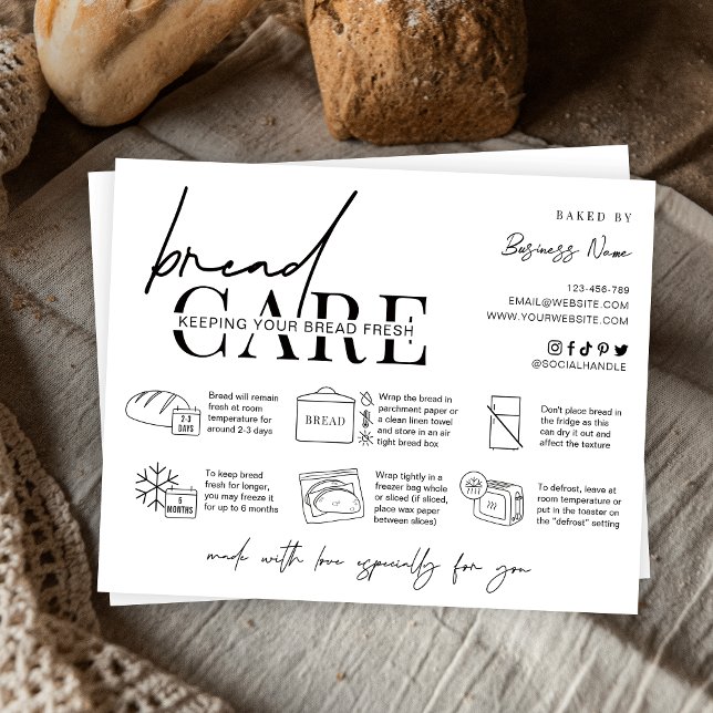 Bread Loaf Minimalist Baker Care Instructions Card (Fresh bread loaf care instructions card with icons, space for your business info and thank you note)