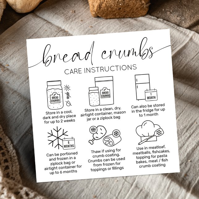 Breadcrumbs Care Guide Minimal Logo Bread Bakery Square Business Card (Minimalist sourdough bread crumbs care instructions cards with care icons, stylish calligraphy font)