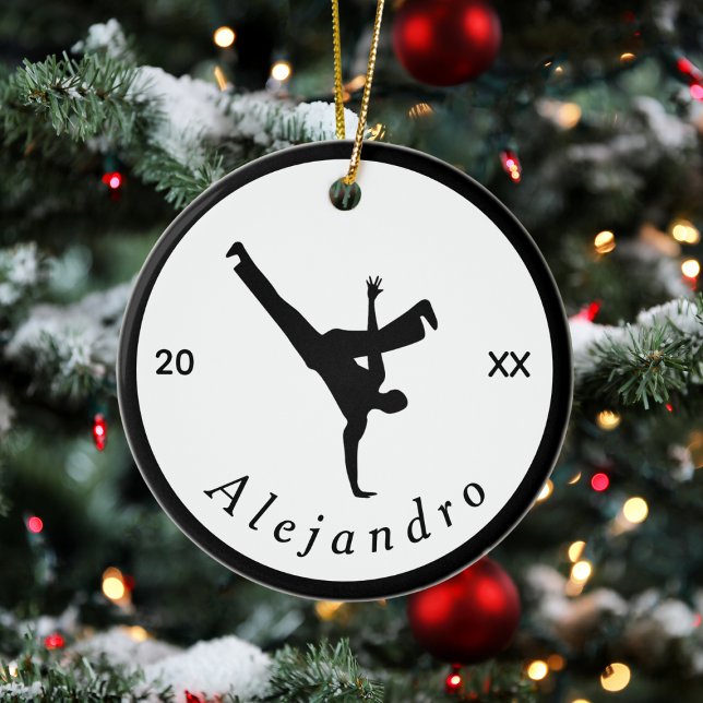 Break Dance Dancer Black & White Custom Name Year Ceramic Ornament (Creator Uploaded)