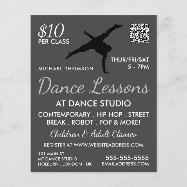 Break Dancer Silhouette, Dance Lesson Advertising Flyer (Front)