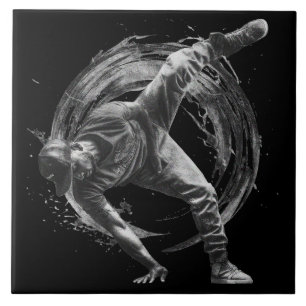 Breakdancer in action, in ink splatter style ceramic tile