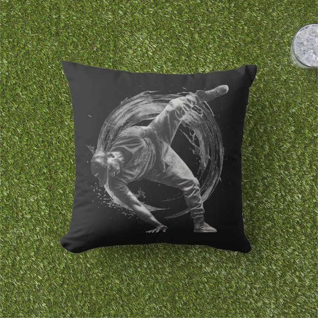 Breakdancer in action, in ink splatter style cushion (Grass)