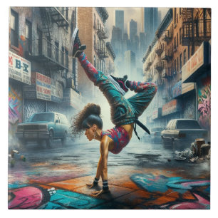 Breakdancer Women in action New York silhouette Ceramic Tile