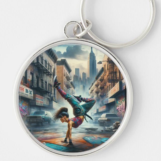 Breakdancer Women in action New York silhouette Key Ring (Front)