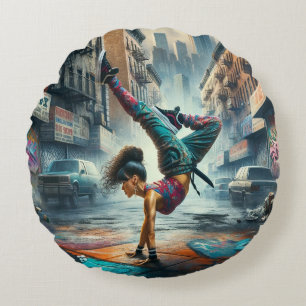 Breakdancer Women in action New York silhouette Round Cushion