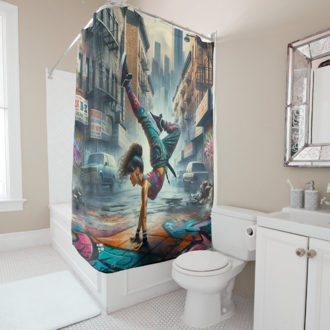 Breakdancer Women in action New York silhouette Shower Curtain (In Situ)
