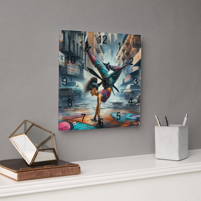 Breakdancer Women in action New York silhouette Square Wall Clock (Office)
