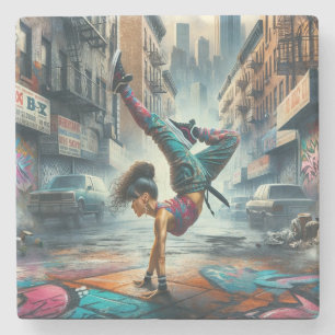 Breakdancer Women in action New York silhouette Stone Coaster