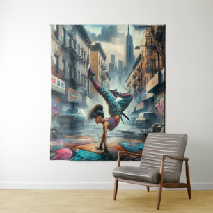 Breakdancer Women in action New York silhouette Tapestry