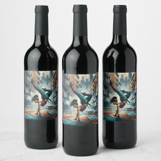 Breakdancer Women in action New York silhouette Wine Label (Bottles)