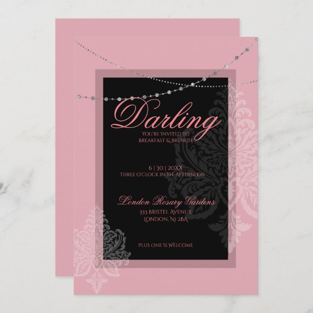 Breakfast and brunch pink and black invitation (Front/Back)