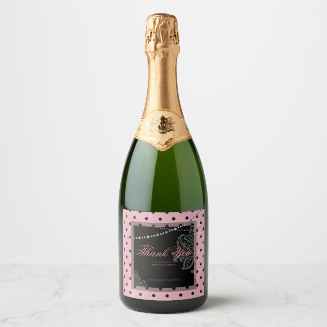 Breakfast and brunch pink and black polka dots sparkling wine label (Front)
