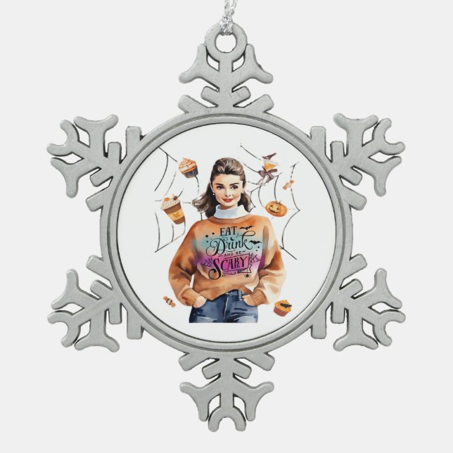 Breakfast At Halloween’s Eat Drink And Be Scary Snowflake Pewter Christmas Ornament (Front)
