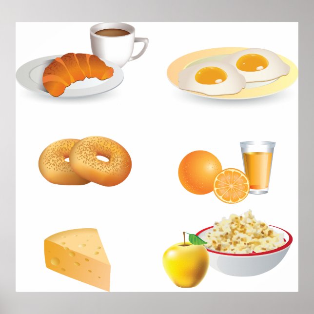 Breakfast Foods Coffee, Croissant, Eggs, Bagels  Poster (Front)