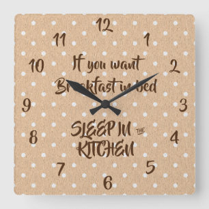 Breakfast in Bed Quote Funny Kitchen  Square Wall Clock