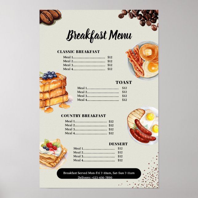 Breakfast Menu, Restaurant Menu, Cafe Marketing  Poster (Front)
