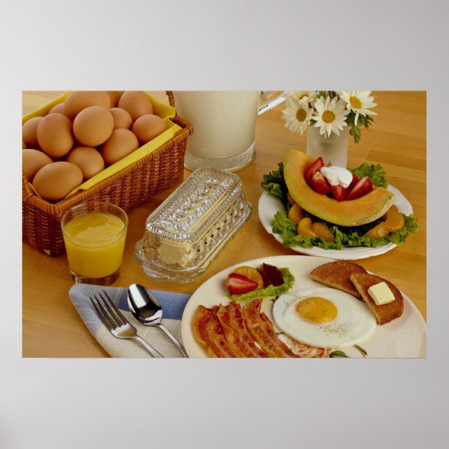 Breakfast of bacon, eggs and pitcher of milk poster (Front)