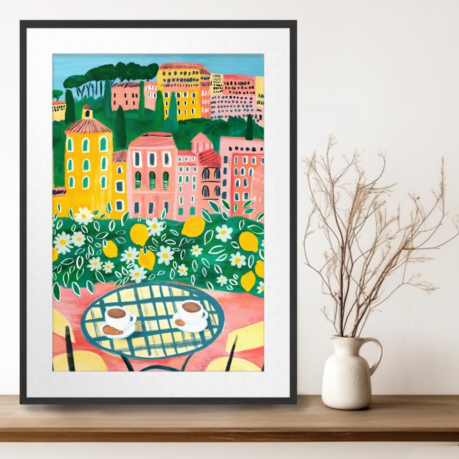 Breakfast on Terrace Whimsical City Painting Art Poster (Breakfast on Terrace Europe Whimsical Cityscape Gouache Painting Wall Art Poster
)