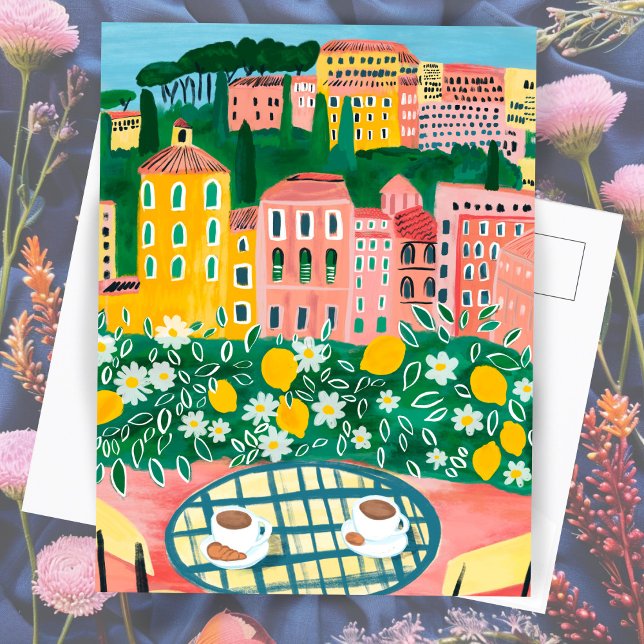 Breakfast on the Terrace Whimsical City Painting  Postcard (Breakfast on the Terrace Whimsical Colorful Paris City Painting Postcard
)