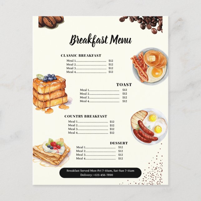 Breakfast Restaurant Menu Brunch Cafe Marketing  (Front)