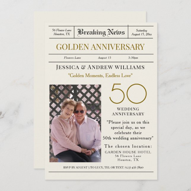 "Breaking News" Golden Wedding Anniversary Photo Invitation (Front/Back)