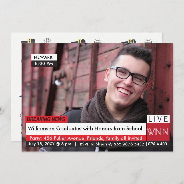 Breaking News Graduation 🚨 Specialised TV Graphic Invitation (Front/Back)