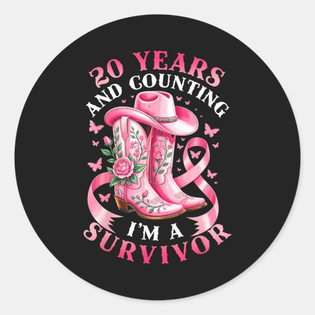 Breast Cancer 20 Years Survivor Nk Ribbon Cowgirl  Classic Round Sticker (Front)