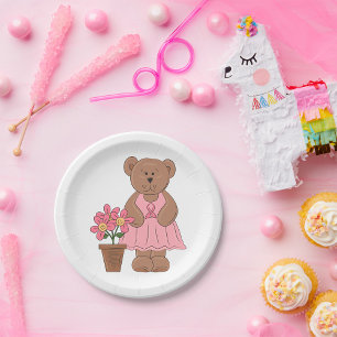 Breast Cancer Awareness Bear in Pink Dress Paper Plate