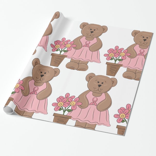 Breast Cancer Awareness Bear in Pink Dress  Wrapping Paper (Unrolled)