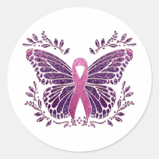 Breast Cancer Awareness Butterfly Floral Border Classic Round Sticker (Front)