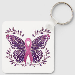 Breast Cancer Awareness Butterfly Floral Border Key Ring
