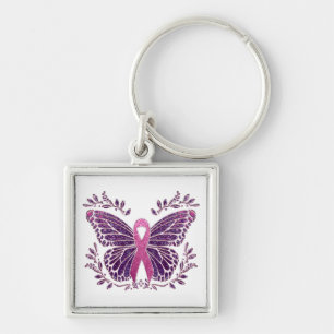 Breast Cancer Awareness Butterfly With Floral Bord Key Ring