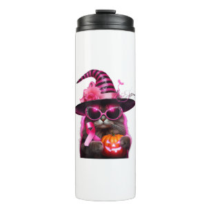 Breast Cancer Awareness Cat Halloween Pink Ribbon Thermal Tumbler