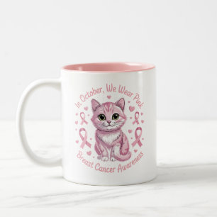 Breast Cancer Awareness Cat in October We Wear Two-Tone Coffee Mug
