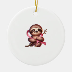 Breast Cancer Awareness Cute Sloth Pink Ribbon Ani Ceramic Ornament