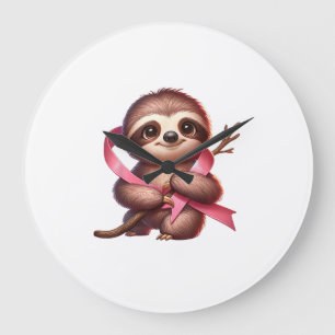 Breast Cancer Awareness Cute Sloth Pink Ribbon Ani Large Clock