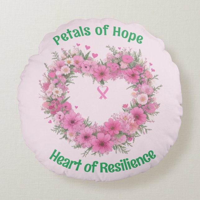 Breast Cancer Awareness Floral Heart Round Cushion (Front)
