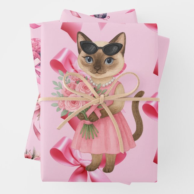 Breast Cancer Awareness for cat lovers pink ribbon Wrapping Paper Sheet (In situ)