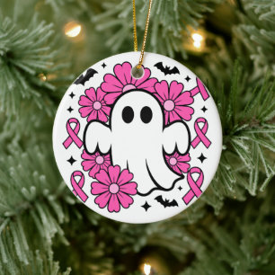 Breast Cancer Awareness Ghost with Pink Flowers Ceramic Ornament