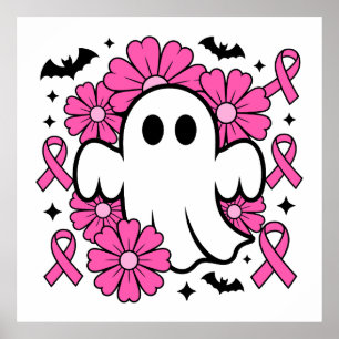 Breast Cancer Awareness Ghost with Pink Flowers Poster
