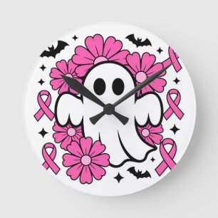 Breast Cancer Awareness Ghost with Pink Flowers Round Clock