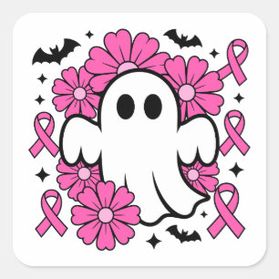 Breast Cancer Awareness Ghost with Pink Flowers Square Sticker