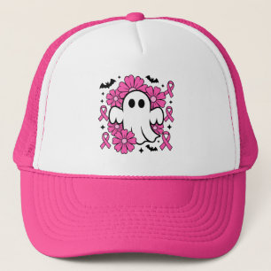 Breast Cancer Awareness Ghost with Pink Flowers Trucker Hat
