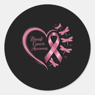 Breast Cancer Awareness Heart Dragonflies Support Classic Round Sticker