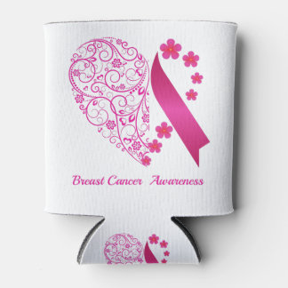 Breast Cancer Awareness Heart Floral Pink ribbon Can Cooler