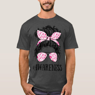 Breast Cancer Awareness Messy Bun Glasses Awarenes T-Shirt