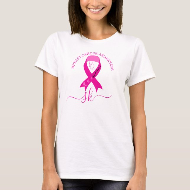 Breast Cancer Awareness Monogram Pink Ribbon T-Shirt (Front)