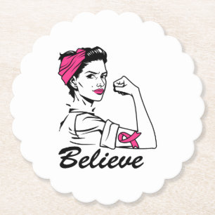 Breast Cancer Awareness Month Women's Believe Pink Paper Coaster