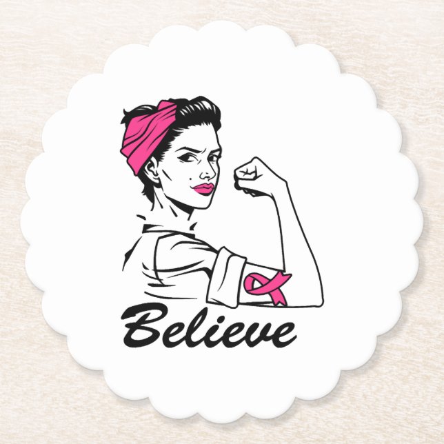 Breast Cancer Awareness Month Women's Believe Pink Paper Coaster (Front)