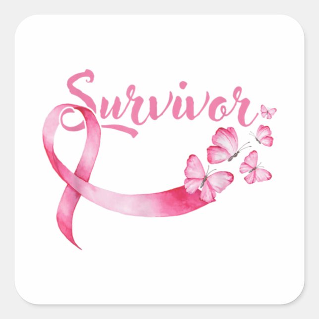 Breast Cancer Awareness Pink Butterflies Ribbon Square Sticker (Front)
